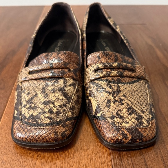 Via Spiga Tan and Brown Snake Print Loafers - Picture 2 of 12